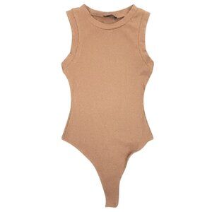 Naked Wardrobe‎ Sleeveless Tan Ribbed Thong Bodysuit Size S